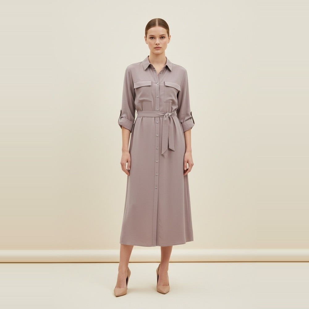 Mystree NWT Belted Midi Shirt Dress Womens M Lavender Taupe Roll Tab Sleeve